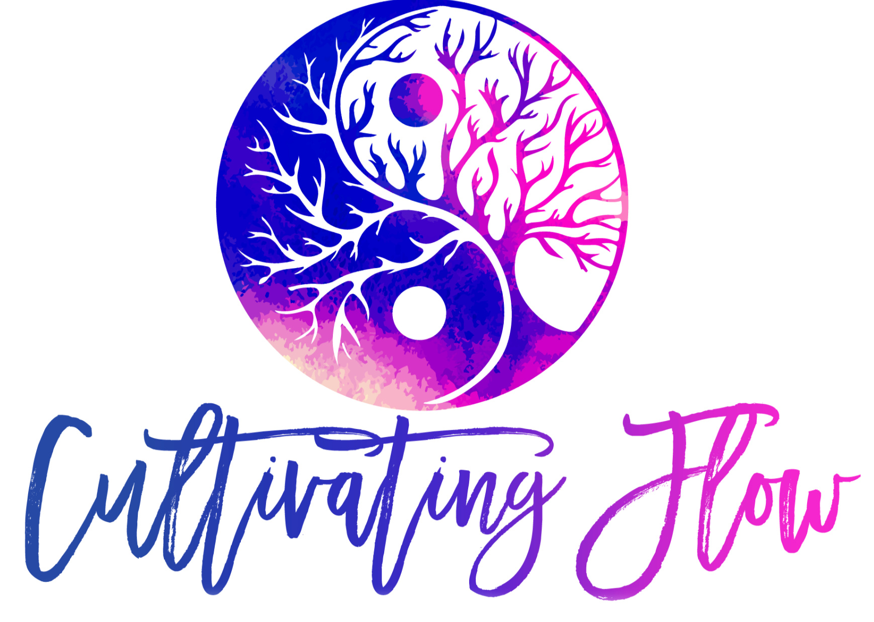Cultivating Flow logo featuring a yin yang tree symbolizing balance, healing, and personal growth